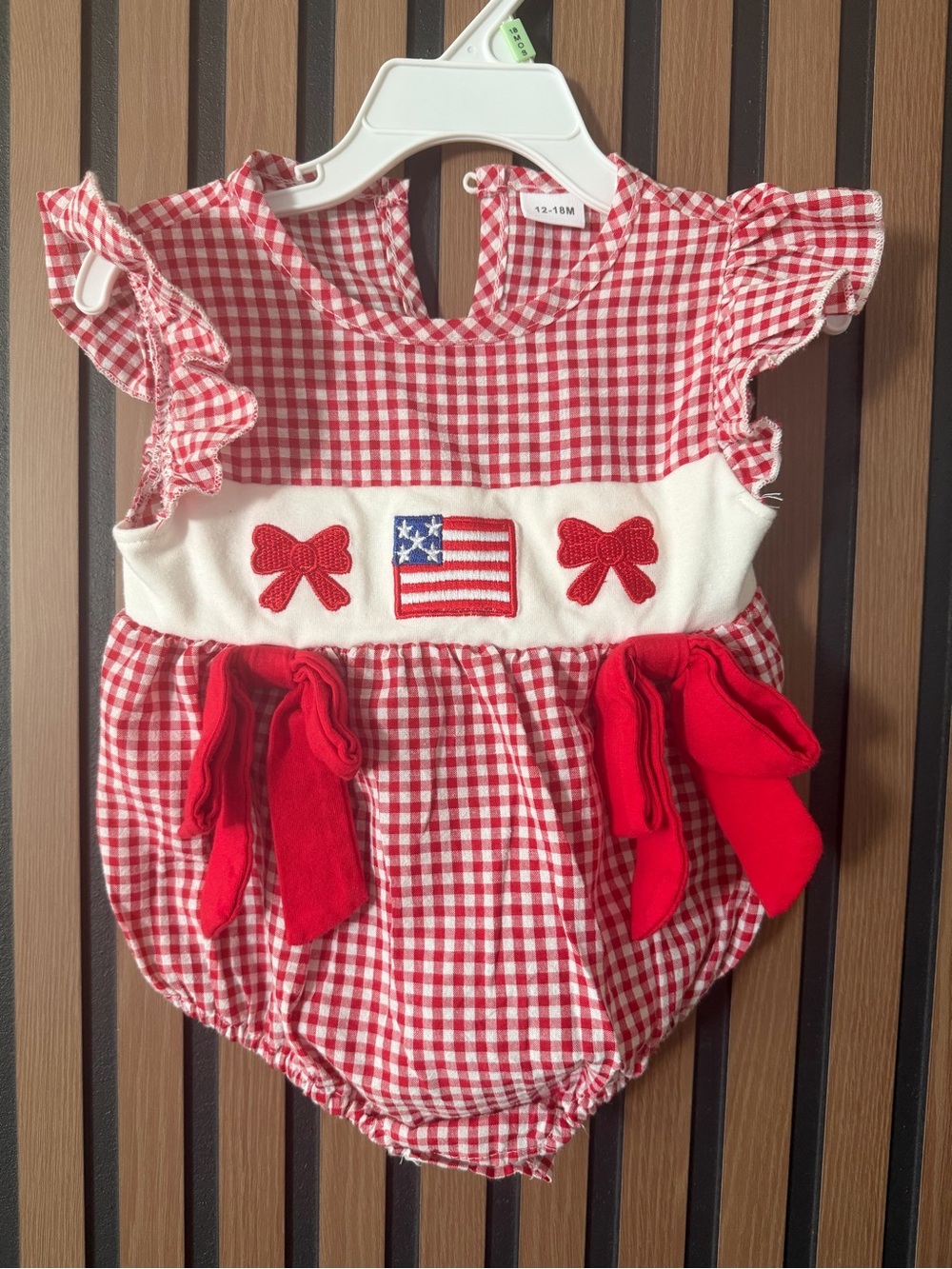 Red Gingham Baby Romper with Flag & Bows